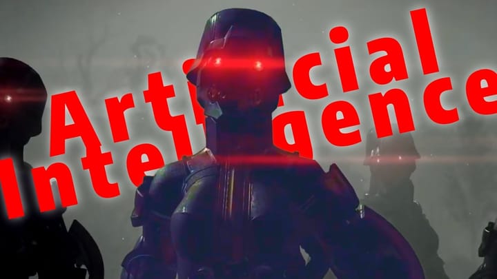 Three YorHa soldiers in battle attire, one prominently in the middle of the picture, their eyes glowing red. A red text spelling "Artificial Intelligence" is behind the Soldier.